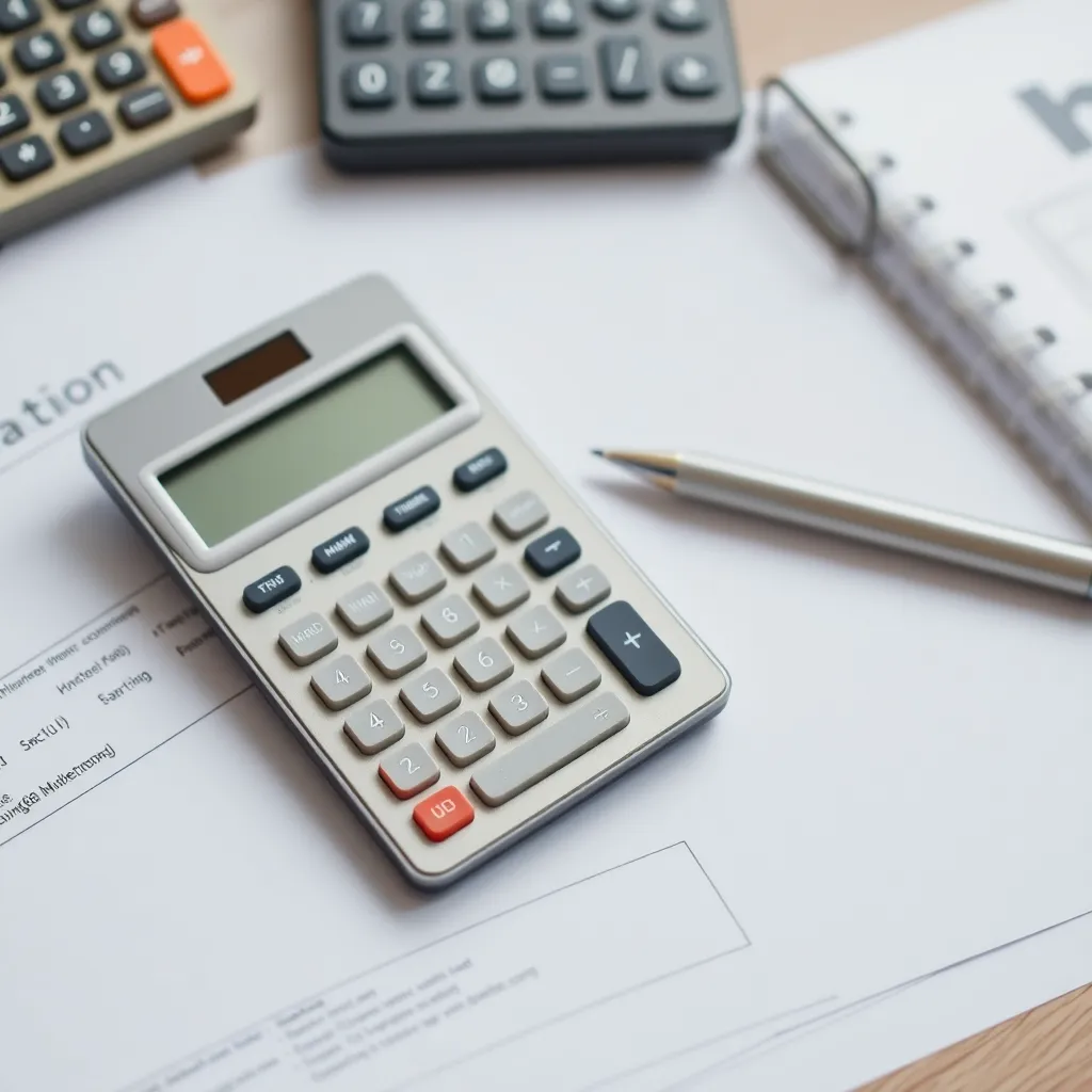 Rekenmachine met financiële documenten en een pen