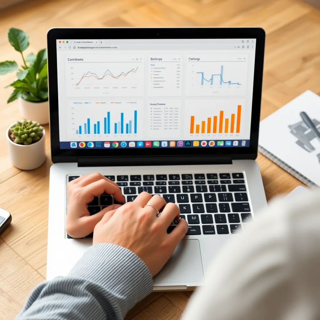 Persoon die financiën beheert op laptop met grafieken en budgetten
