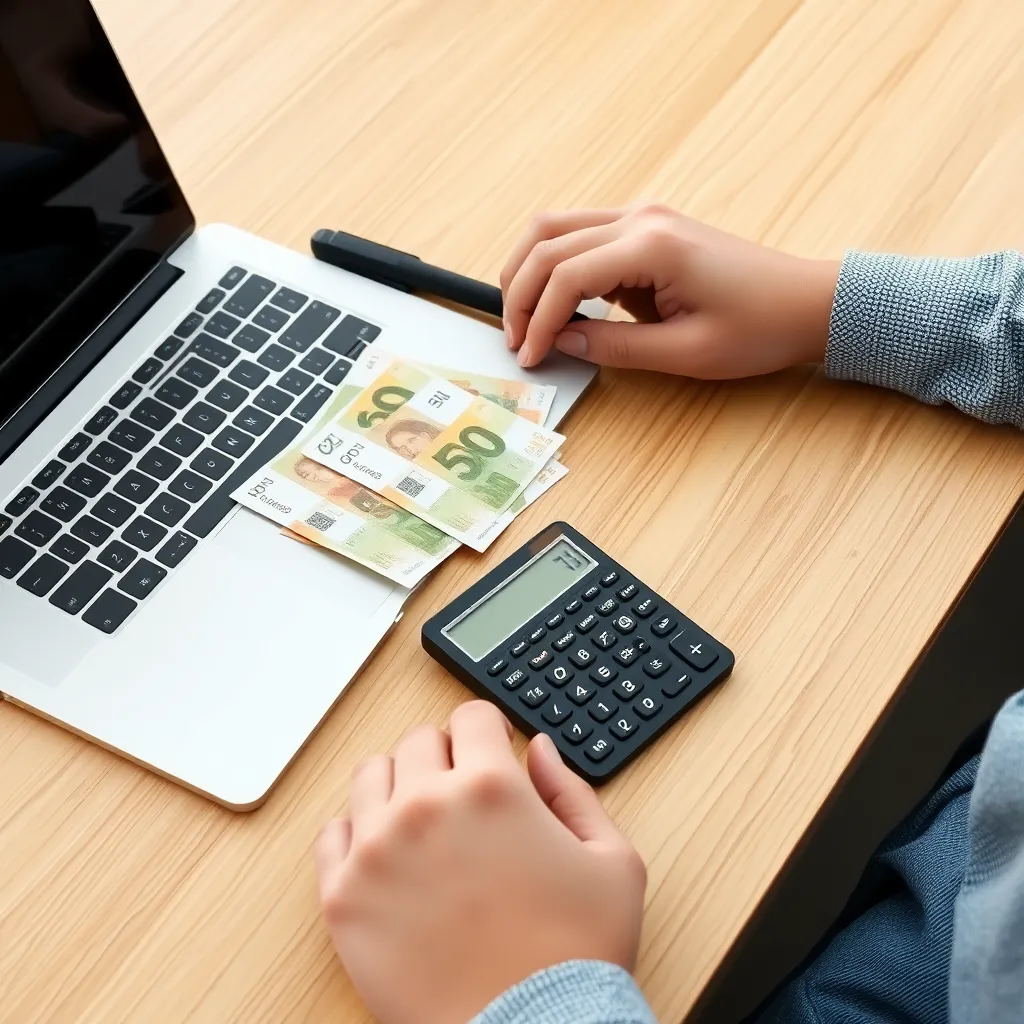 Persoon die zijn financiën plant met een laptop en rekenmachine
