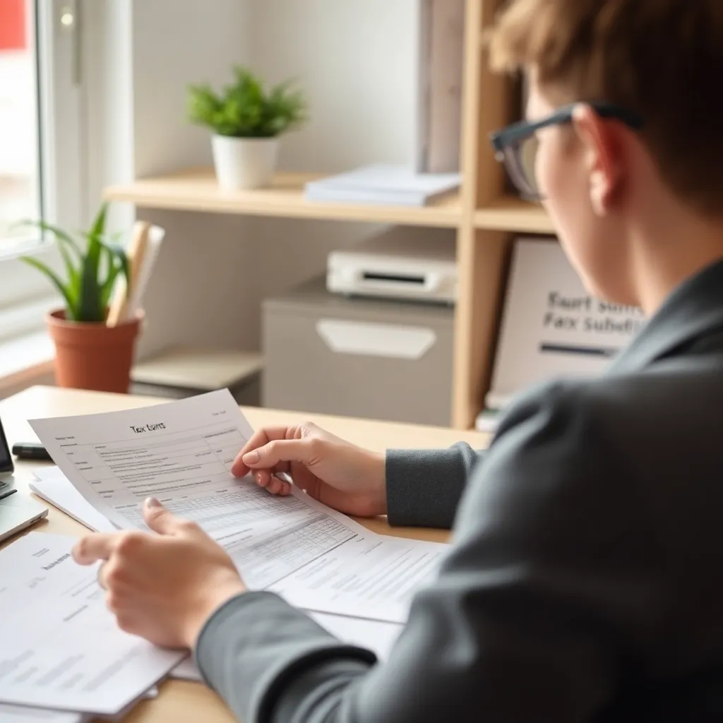 Een persoon bekijkt belastingformulieren en toeslagen op een bureau