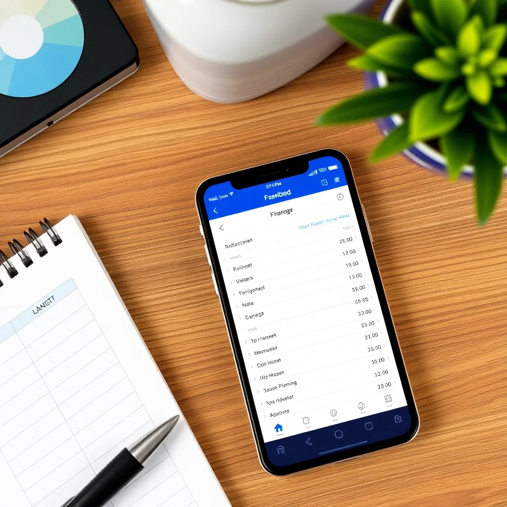Smartphone met financiële apps en een budget planner op een bureau